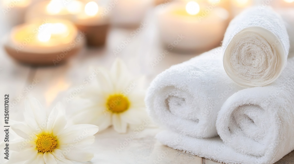 Aufkleber relaxing spa atmosphere with rolled towels and soft candle light for tranquility : generative ai