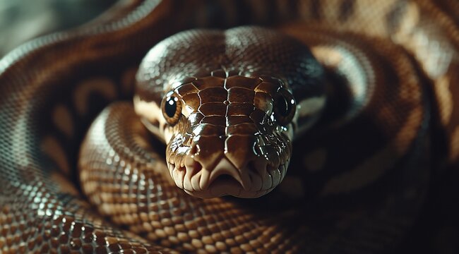 Close-up of a ball python's head and coils.
