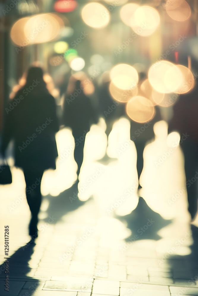 Poster blurred figures walking down city street captured in soft bokeh light : generative ai
