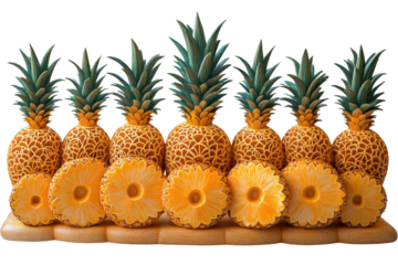 A vibrant display of pineapples arranged in a row, showcasing their unique texture and color. Ideal for fruit lovers and culinary enthusiasts.