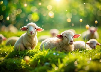 Obraz premium Adorable Watercolor Sheep Sleeping, Tilt-Shift Miniature Farm Animals