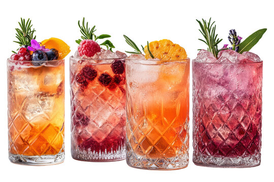 A vibrant display of refreshing cocktails with colorful garnishes, perfect for summer gatherings or social events, showcasing a range of flavors.