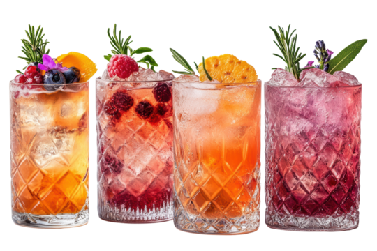 A vibrant display of refreshing cocktails with colorful garnishes, perfect for summer gatherings or social events, showcasing a range of flavors.