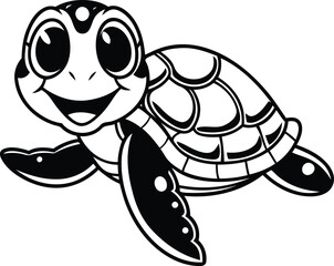 Smiling Cute Turtle silhouette vector illustration, Cute Turtle line art vector, Black color Cute Turtle design