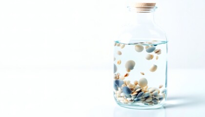Glass Bottle Filled with Seawater and Floating Shells Display