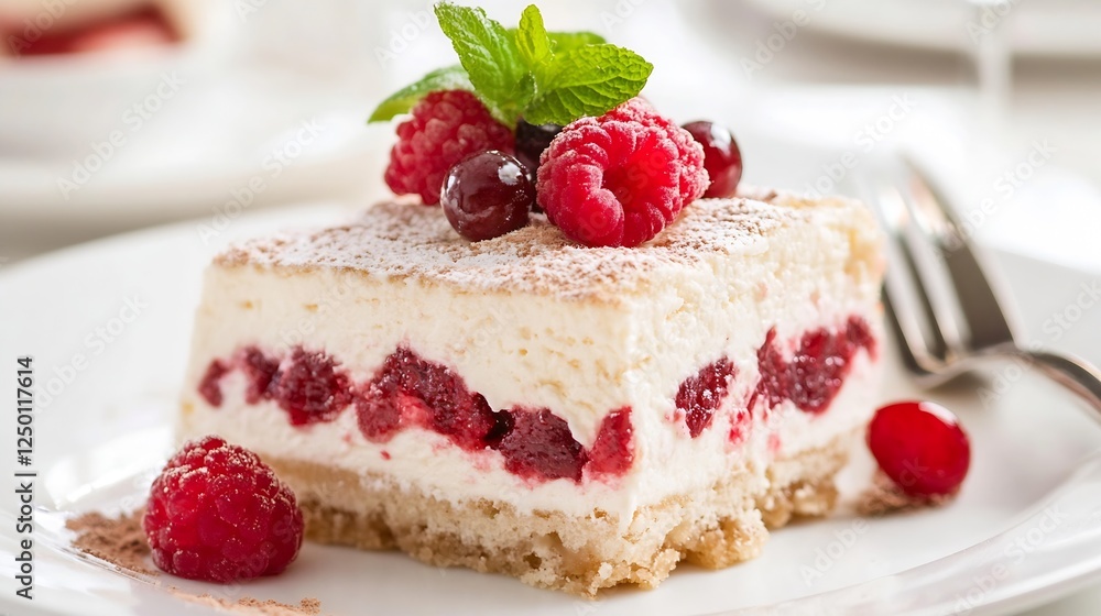 Aufkleber delicious raspberry layered cake with cream garnished with fresh berries and mint leaves : generativ