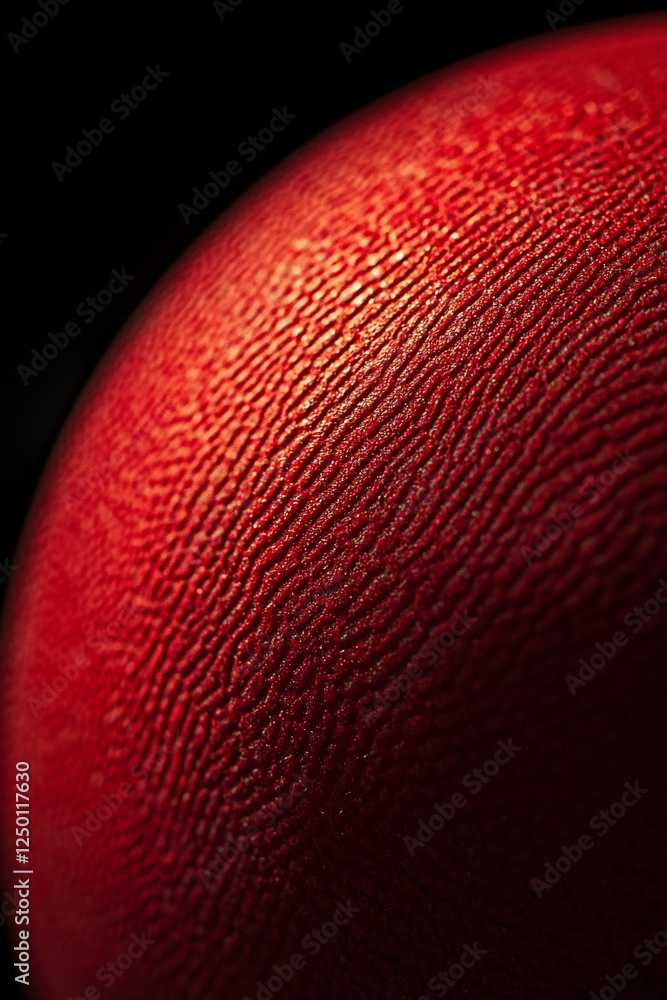 Poster close-up of a textured, red sphere, lit from the side, showing detailed surface patterns.