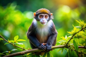 Fototapeta premium Adorable White-nosed Monkey Perched on Branch - Tilt-Shift Miniature Photography