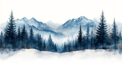 Fototapeta premium Serene Winter Mountain Landscape Watercolor Painting Blue Snowy Forest Trees Art Sky Cold View Scene