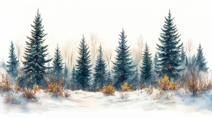 Obraz premium Winter Wonderland Watercolor Painting Snowy Forest Pine Trees Landscape Art Cold Blue Scene Image 