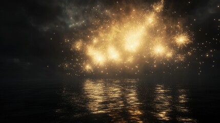 Fototapeta premium Golden Fireworks Display over Calm Ocean Waters at Night