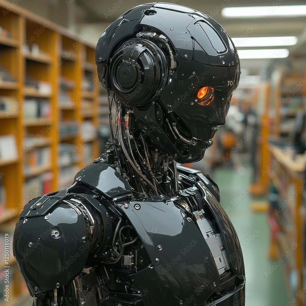 Poster black humanoid robot in library setting