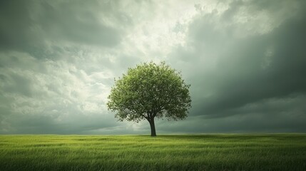 Obraz premium A lone tree standing in an empty field under a cloudy sky.