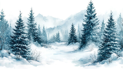 Fototapeta premium Snowy Winter Forest Watercolor Painting Blue Trees Winter Wonderland Peaceful Nature Scene Serene 
