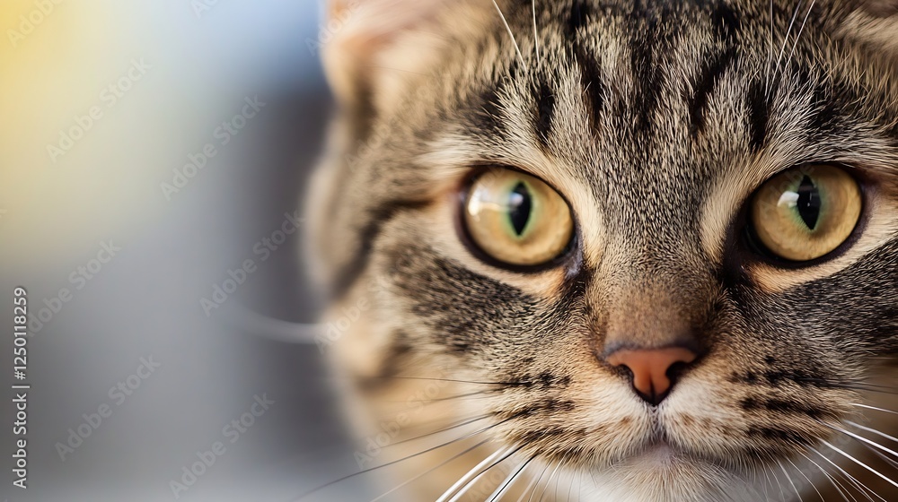 Poster Closeup of a tabby cat's face showcasing its sharp features and curious eyes : Generative AI
