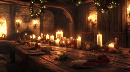 Cozy Festive Dining Room with Candles and Holiday Decorations
