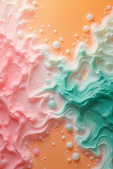 Abstract patterns of pink-white-emerald-green paint mix with mixed drops on liquid