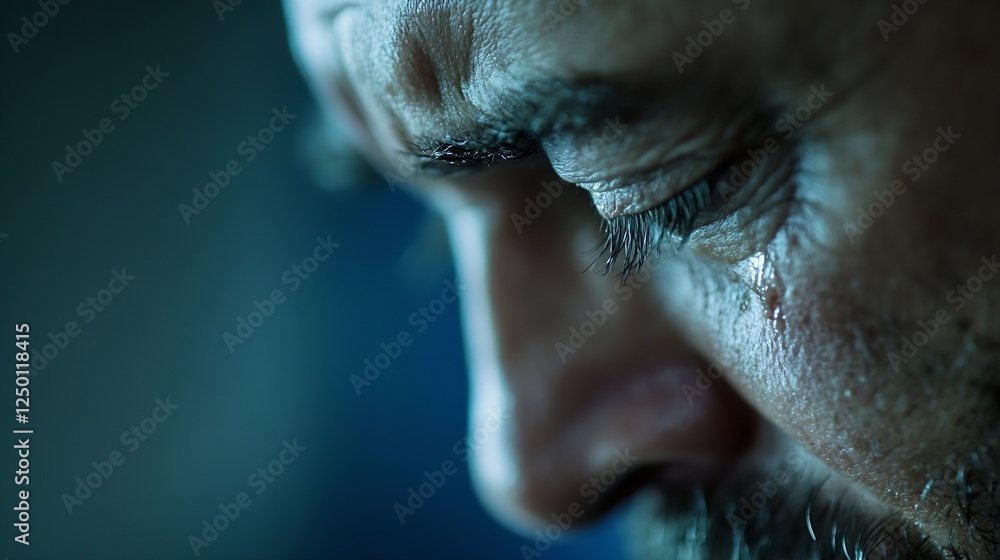 Poster Close up of a man with a tear on his cheek expressing deep emotion and sadness : Generative AI