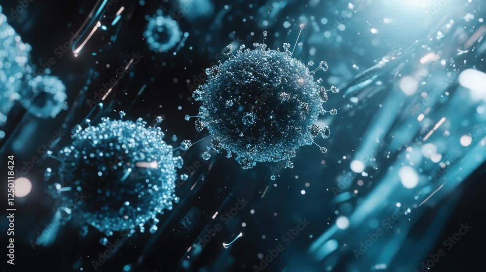 Poster intricate microorganisms floating in a blue sci-fi environment