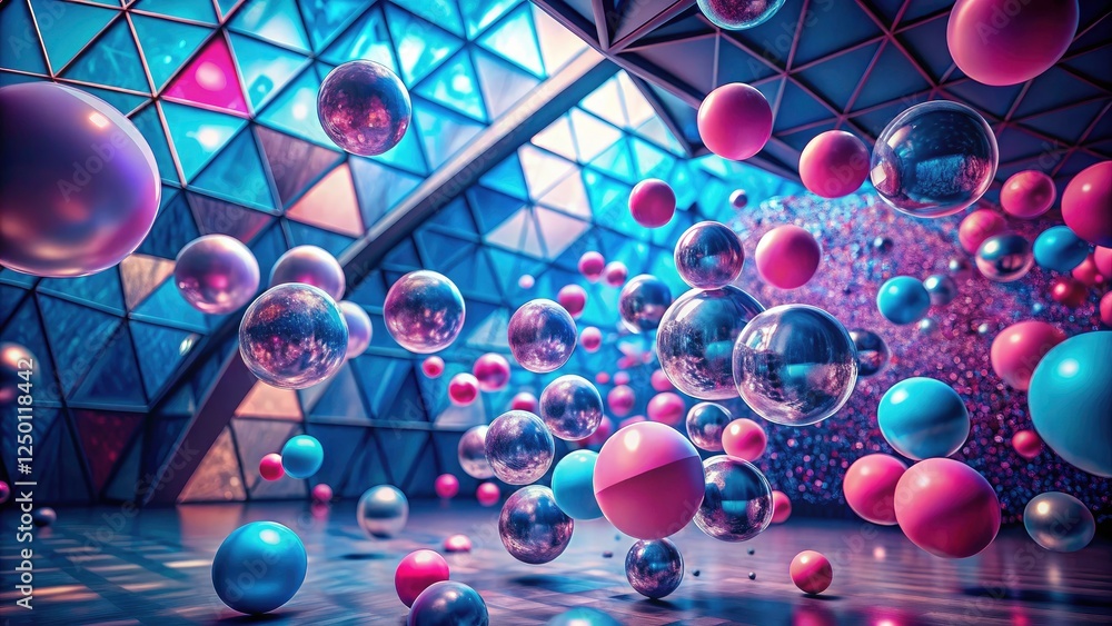 Poster surreal geometry: floating pink and blue spheres and triangles create an abstract architectural phot
