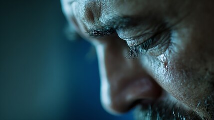 Close up of a man with a tear on his cheek expressing deep emotion and sadness : Generative AI