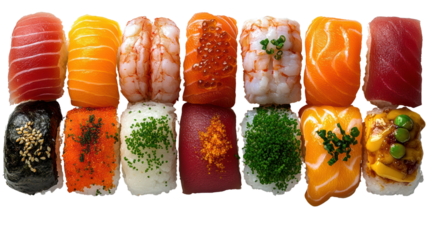 A vibrant selection of sushi showcasing a variety of fish and ingredients, perfect for food lovers and sushi enthusiasts.