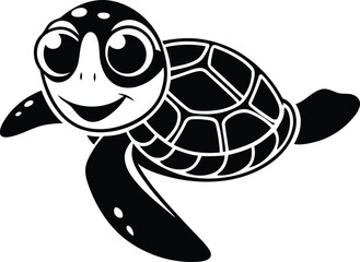 Smiling Cute Turtle silhouette vector illustration, Cute Turtle line art vector, Black color Cute Turtle design