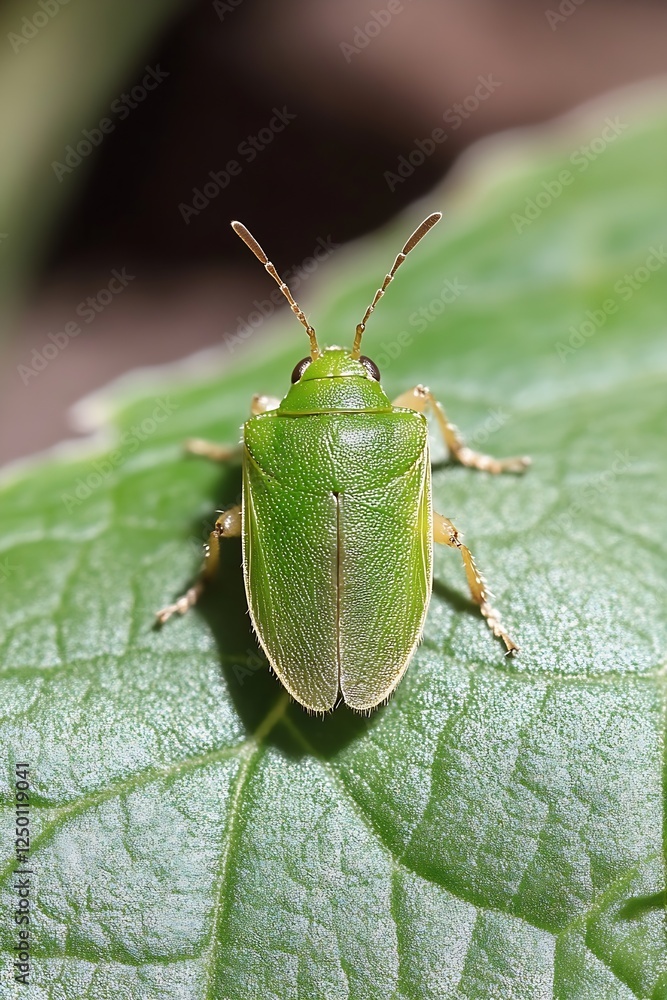 Poster close-up of green beetle on leaf highlighting nature's intricate details and texture : generative ai