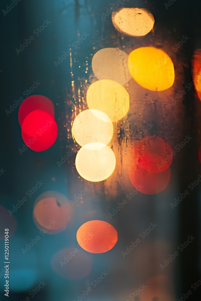 Poster Colorful Bokeh Lights through a Foggy Window on a Rainy Day : Generative AI