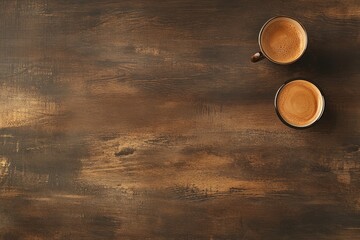 Two coffee cups on dark wood table top