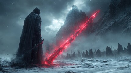 Obraz premium A dark figure stands before a massive glowing sword in a snowy landscape.