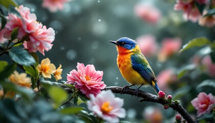 Obraz premium Vibrant Bird Perched on Branch Amidst Blooming Roses: A Serene Springtime Scene