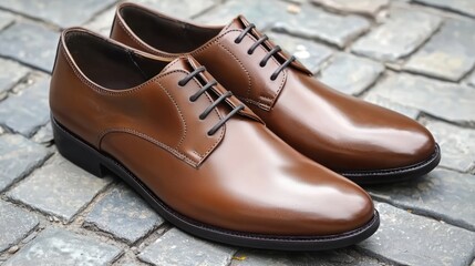 A pair of polished leather shoes with shoelaces neatly tied.