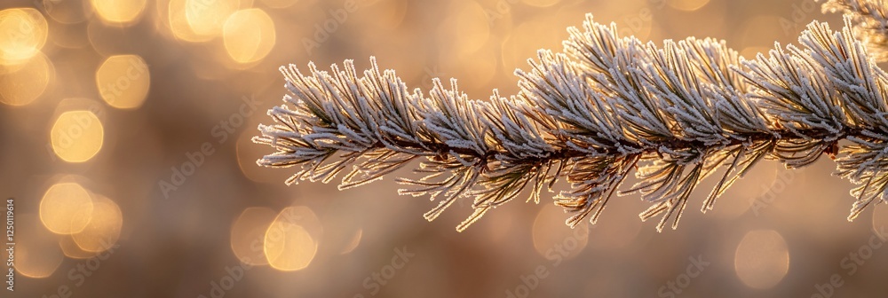 Poster close-up of a frost-covered pine branch against a bokeh background.