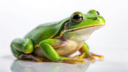 Naklejka premium Solitary green frog, minimalist pose, isolated against a clean background. Nature's serene simplicity.