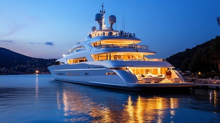 Naklejka premium Luxury Yacht Floating on Calm Waters with Lights Reflecting at Dusk : Generative AI