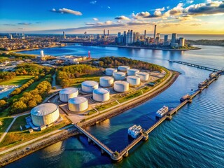 Aerial Drone View of Long Island Refinery, Industrial Tank Farm & Jetty