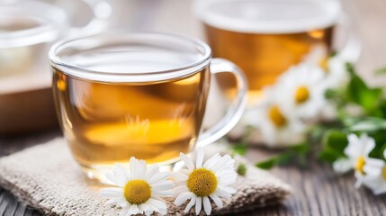 Brewed chamomile tea in glass cups surrounded by beautiful flowers on a wooden table : Generative AI