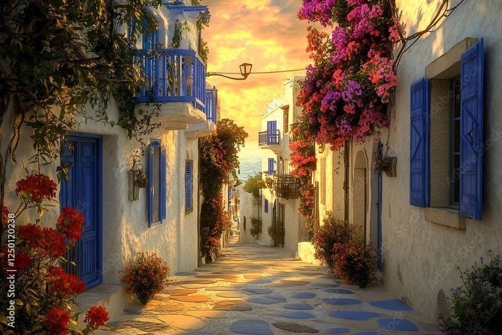 Wall mural Sunlit cobblestone street in a picturesque village with whitewashed houses, vibrant flowers, and blue doors and shutters.