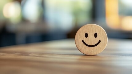 Abstract Smiley Face on Wooden Circle Symbolizing Customer Satisfaction and Positive Experiences