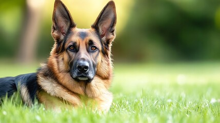 Portrait of a Loyal German Shepherd Dog Lying on Green Grass : Generative AI