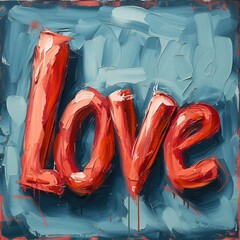 Red love balloon letters on blue background, digital oil painting style artwork. Romantic decoration for Valentine Day, Wedding, Anniversary, engagement or dating