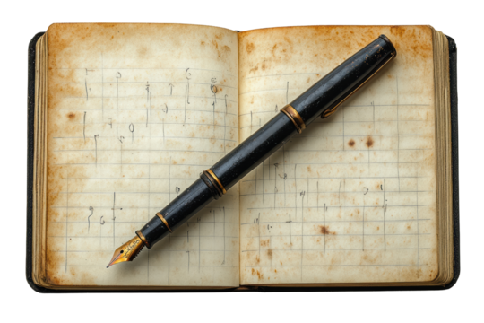 A vintage notebook rests open with a classic fountain pen, evoking memories of handwritten thoughts and creative expression. Ideal for inspiring writers.