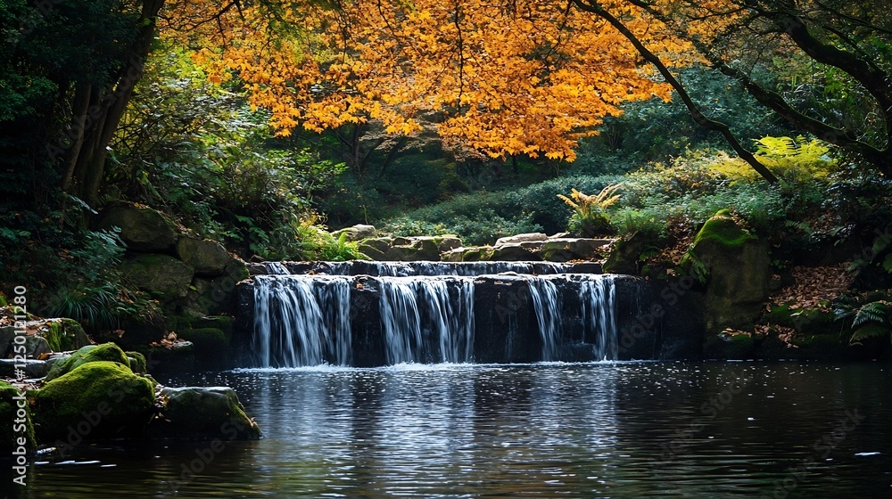 Poster serene autumn waterfall surrounded by colorful fall leaves and lush greenery in a tranquil forest : 