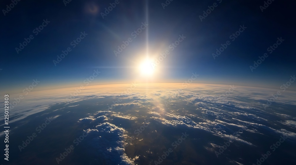 Poster breathtaking view of the sun rising above clouds in the open sky captured from a high altitude persp