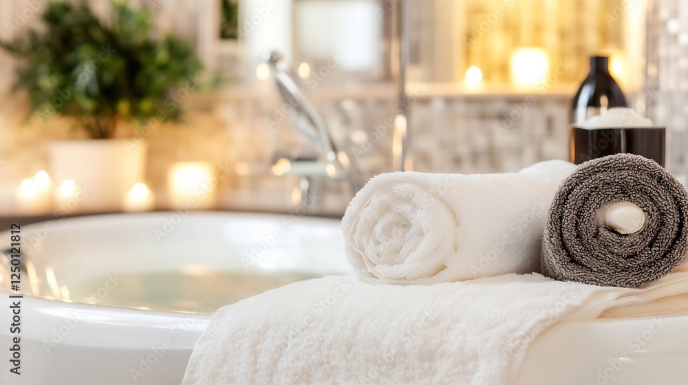 Poster Relaxing spa setting with rolled towels and serene bath atmosphere : Generative AI