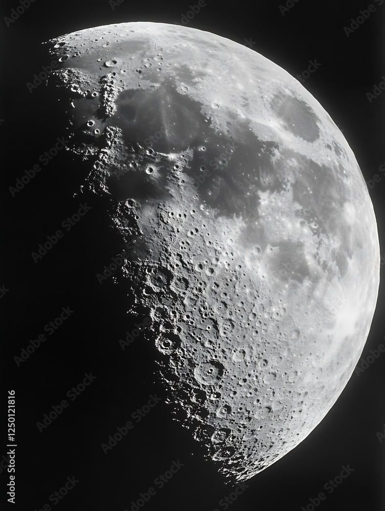 Poster dramatic close up of the moon's surface highlighting craters and textures in striking detail : gener