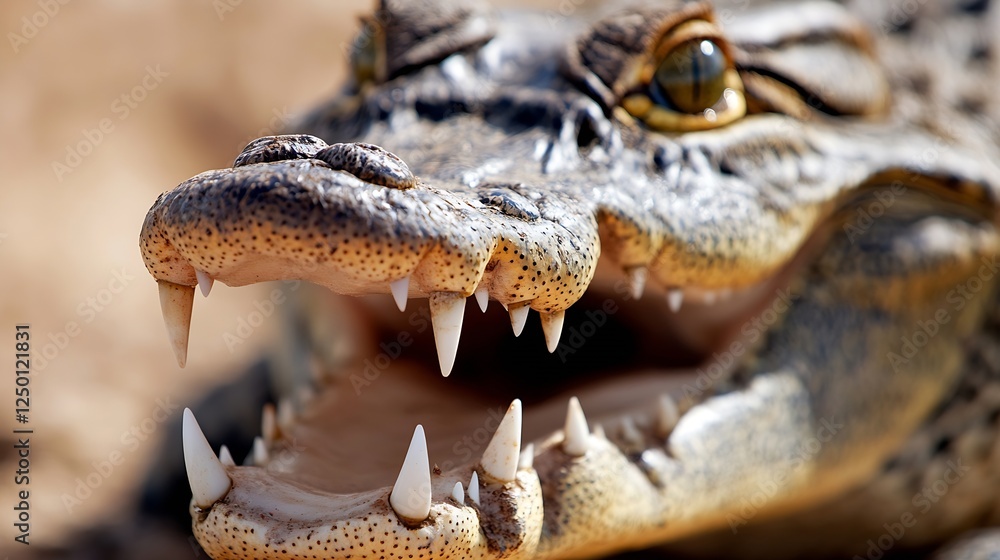 Poster Aggressive close up of a crocodile showing sharp teeth and fierce expression : Generative AI