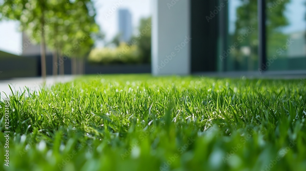 Poster Close up view of lush green grass with blurred background of modern architecture : Generative AI