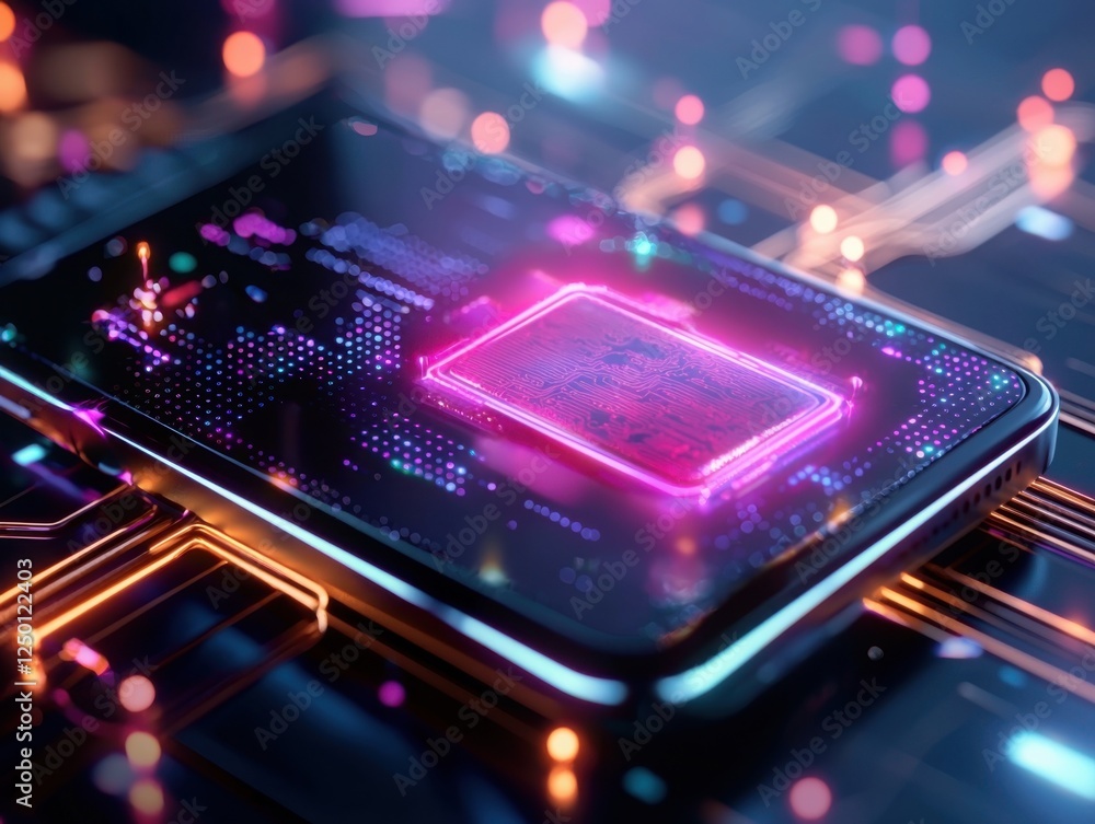 Poster glowing pink and purple microchip on smartphone screen with circuit board pattern